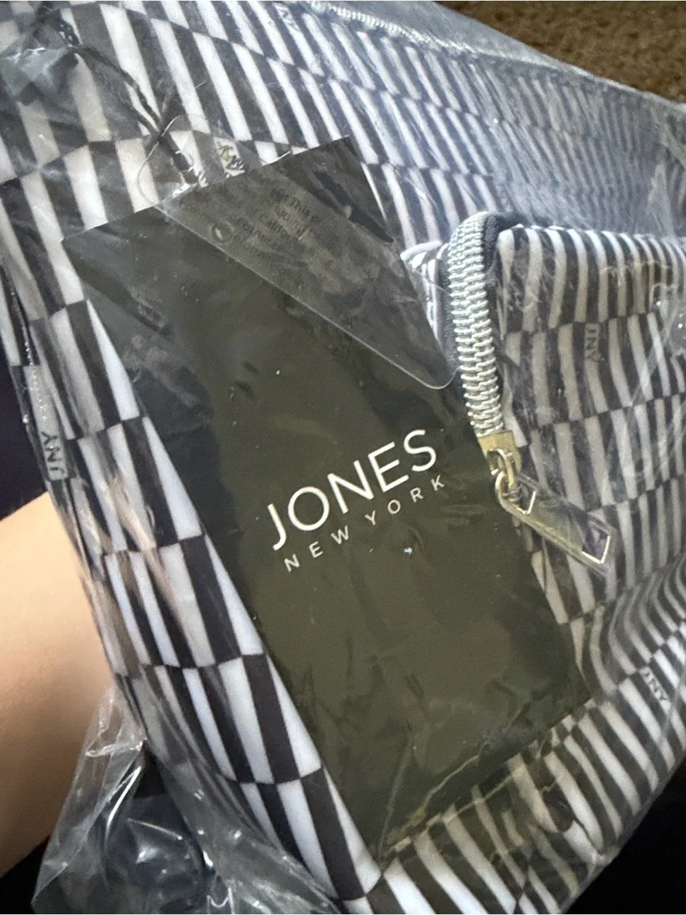 Jones New York Black and White Striped Travel Pouch + Travel Bottle